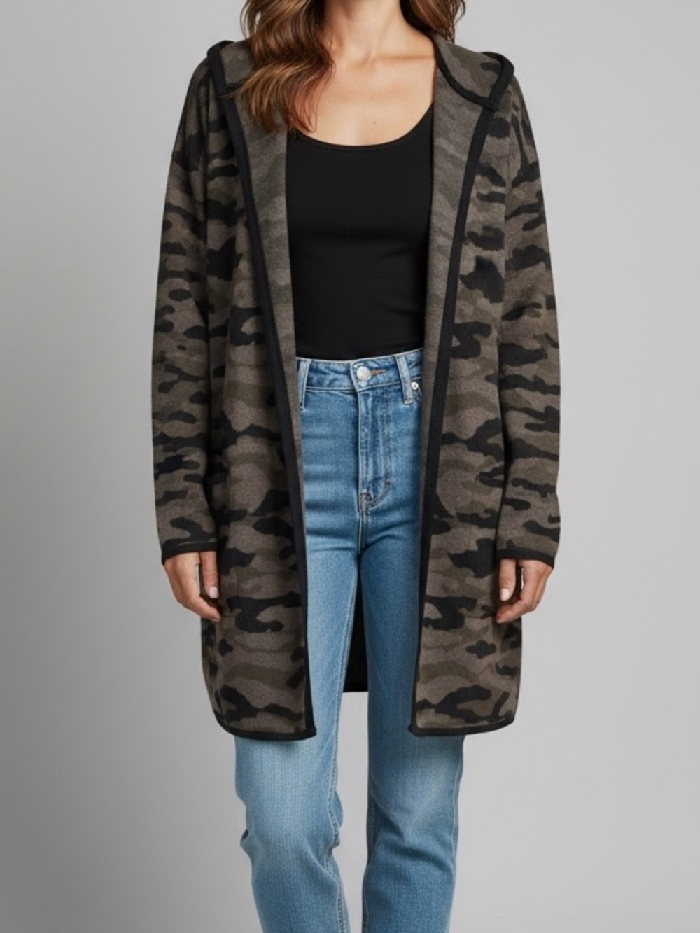 Rachel Zoe Camo Hooded Open-Front Long Cardiagan